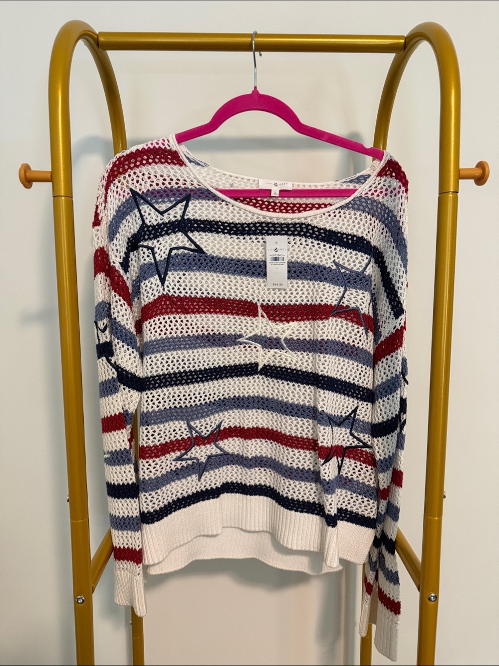LOFT Open-Knit Striped Sweater in White, Red & Navy
